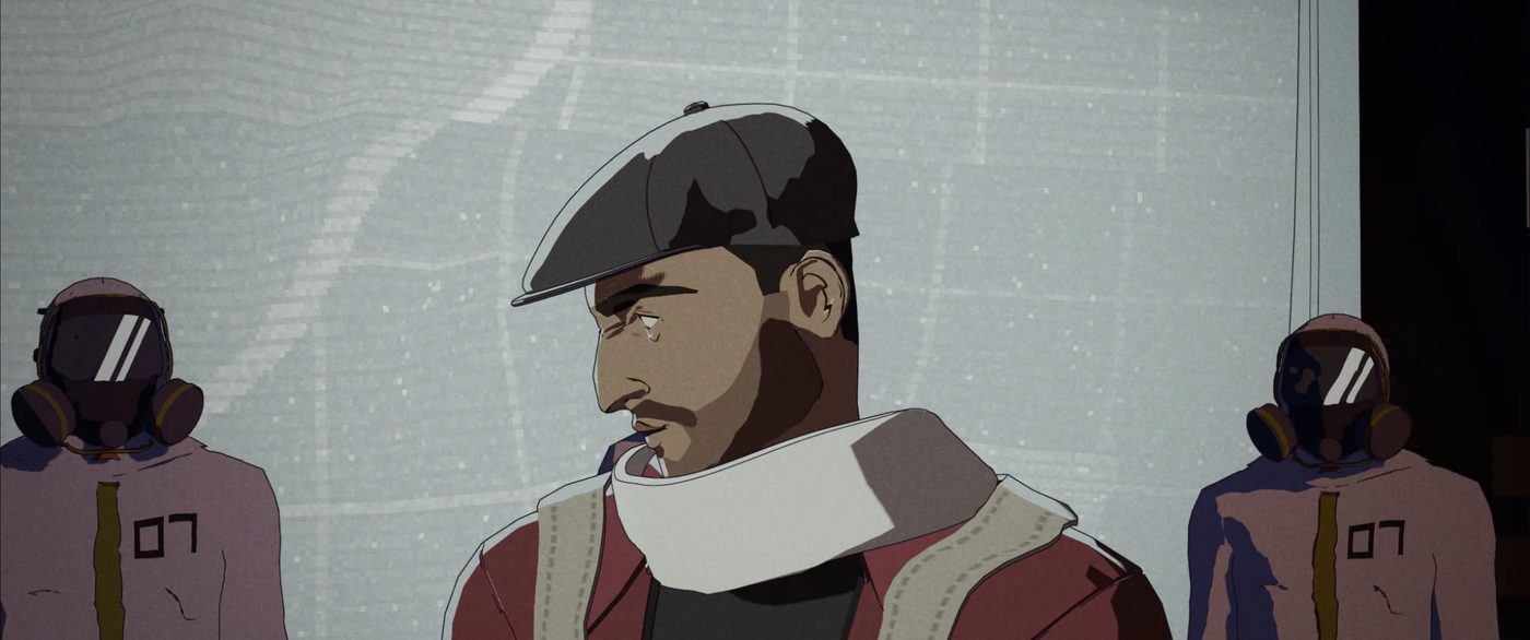 Dali in profile, in a red jacket and a white scarf, with two masked cleaners behind him.