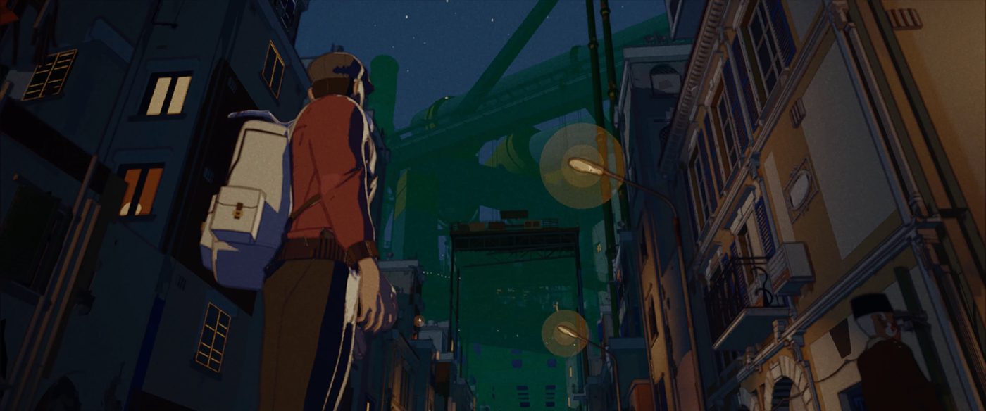 Dali, seen from behind, looks up a narrow street at the Plant rising over the town at night.